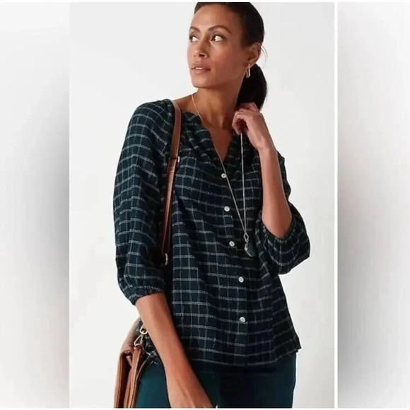 J. Jill Women’s‎ Small Tall Long Sleeve Dark Green Plaid Boxy Pintuck Blouse - Picture 1 of 7